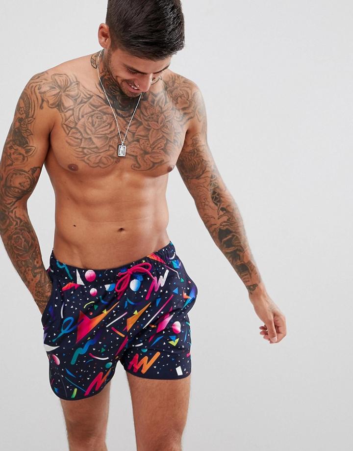 Asos Design Runner Swim Shorts With Colorful Geo Print In Short Length - Black