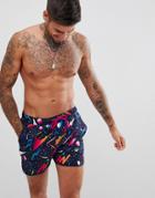 Asos Design Runner Swim Shorts With Colorful Geo Print In Short Length - Black