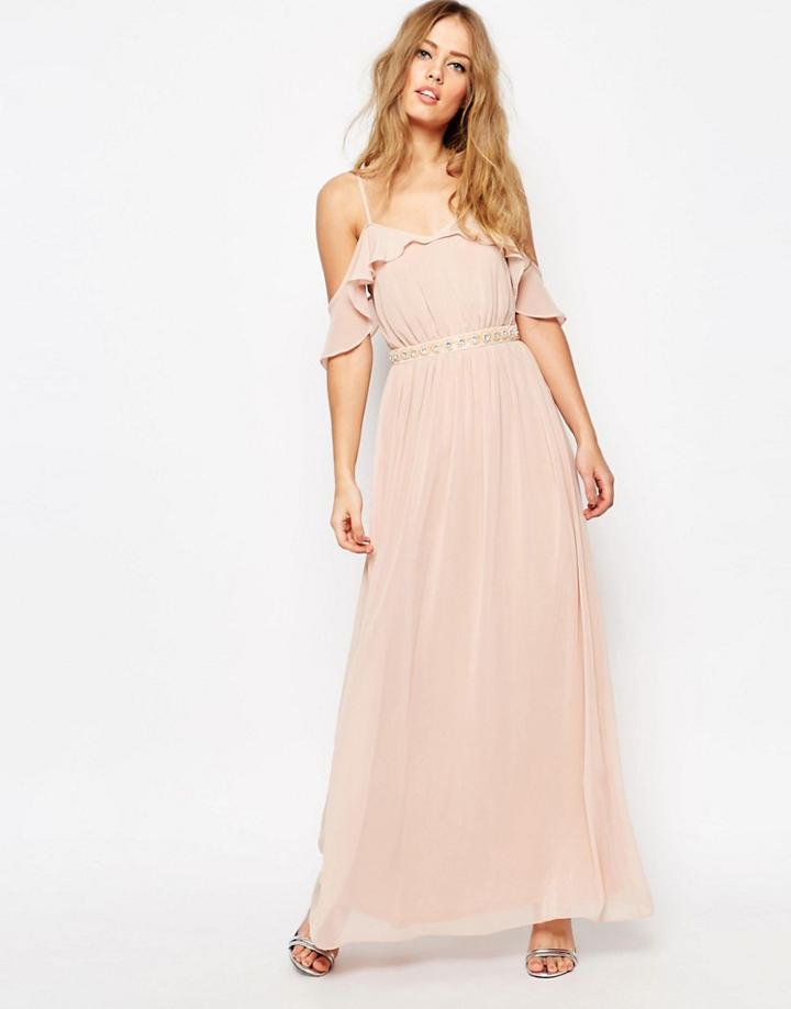 Asos Cold Shoulder Maxi Dress With Embellished Waist - Nude
