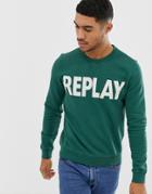 Replay Bold Logo Crew Neck Sweat In Green - Green