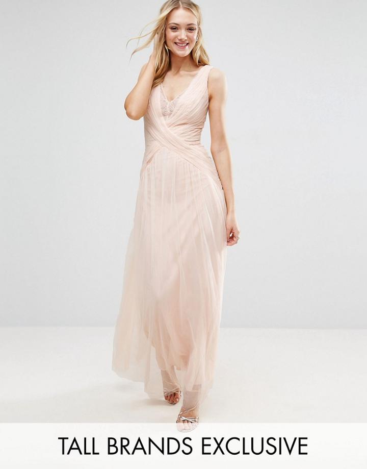 Little Mistress Tall Pleated Wrapover Maxi Dress With Lace Trim - Beige