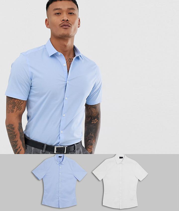 Asos Design Stretch Slim Formal Work Shirt 2 Pack Blue & White Save - Multi