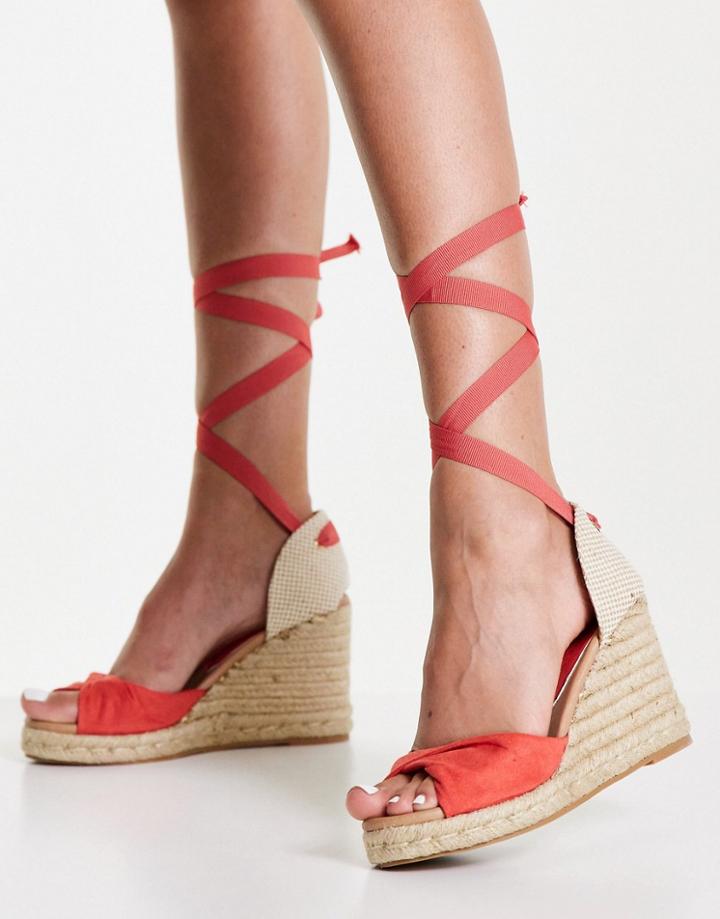 New Look Tie Up Espadrille Wedge Heel Sandal In Coral-orange