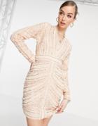 Asos Design Ruched And Embellished Plunge Mini Dress With Long Sleeves-pink