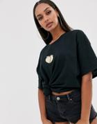 New Love Club Peach Embroidered Graphic T-shirt In Oversized Fit-gold