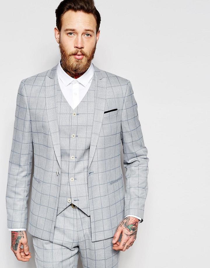 Asos Skinny Suit Jacket In Light Blue Check - Blue