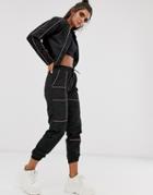 Qed London Contrast Piping Elasticated Cuff Sweatpants In Black And Pink