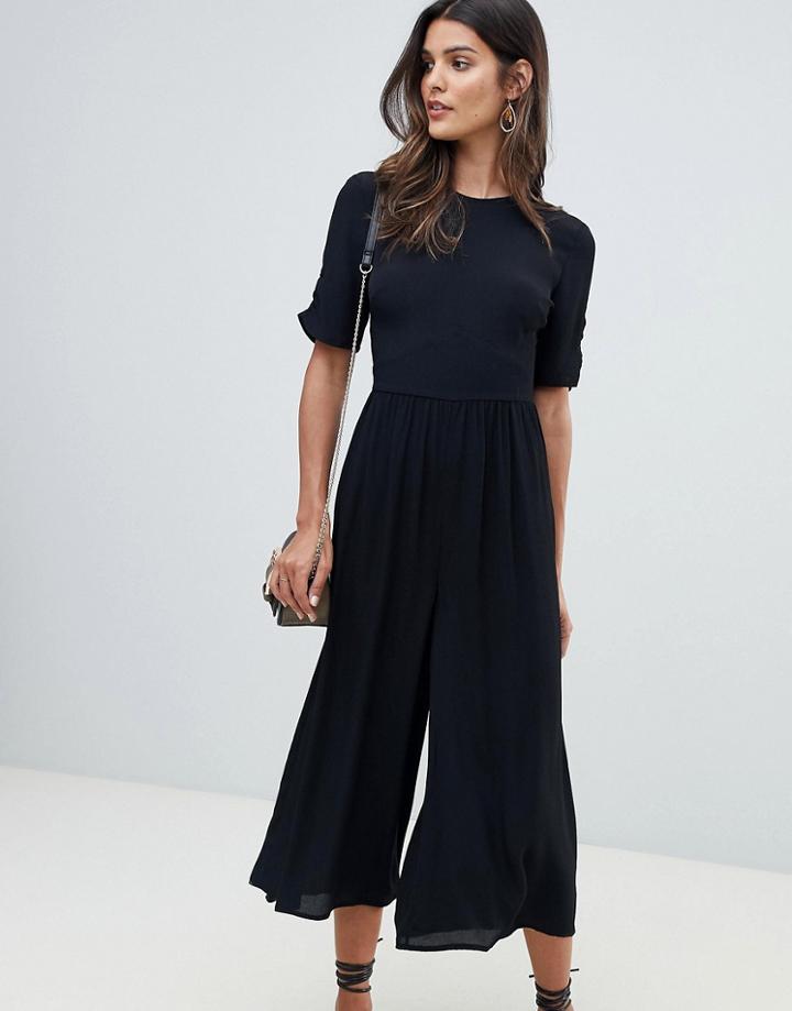 Asos Design Tea Jumpsuit With Ruched Sleeve Detail-black