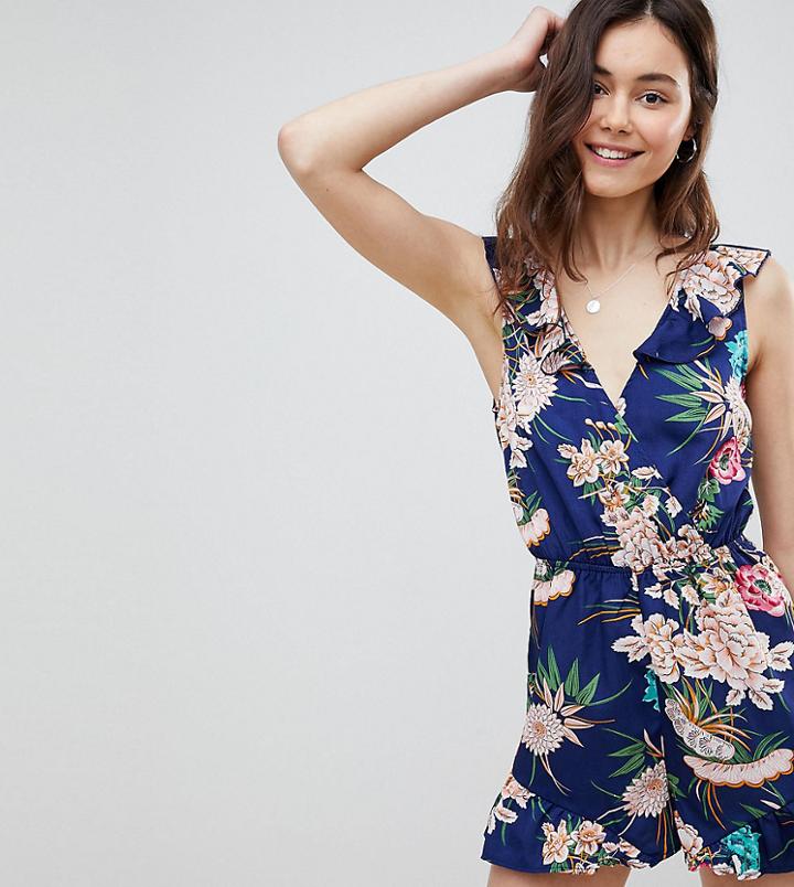 Parisian Tall Floral Print Sleeveless Wrap Romper With Frill Detail - Blue