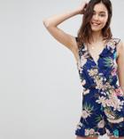 Parisian Tall Floral Print Sleeveless Wrap Romper With Frill Detail - Blue