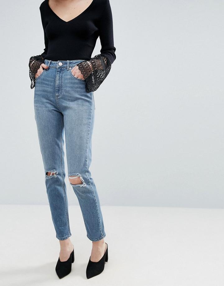 Asos Farleigh Slim Mom Jeans In Prince Light Wash With Busted Knees - Blue