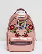 Aldo Grawn Satin Backpack With Tiger & Rose Patches - Green