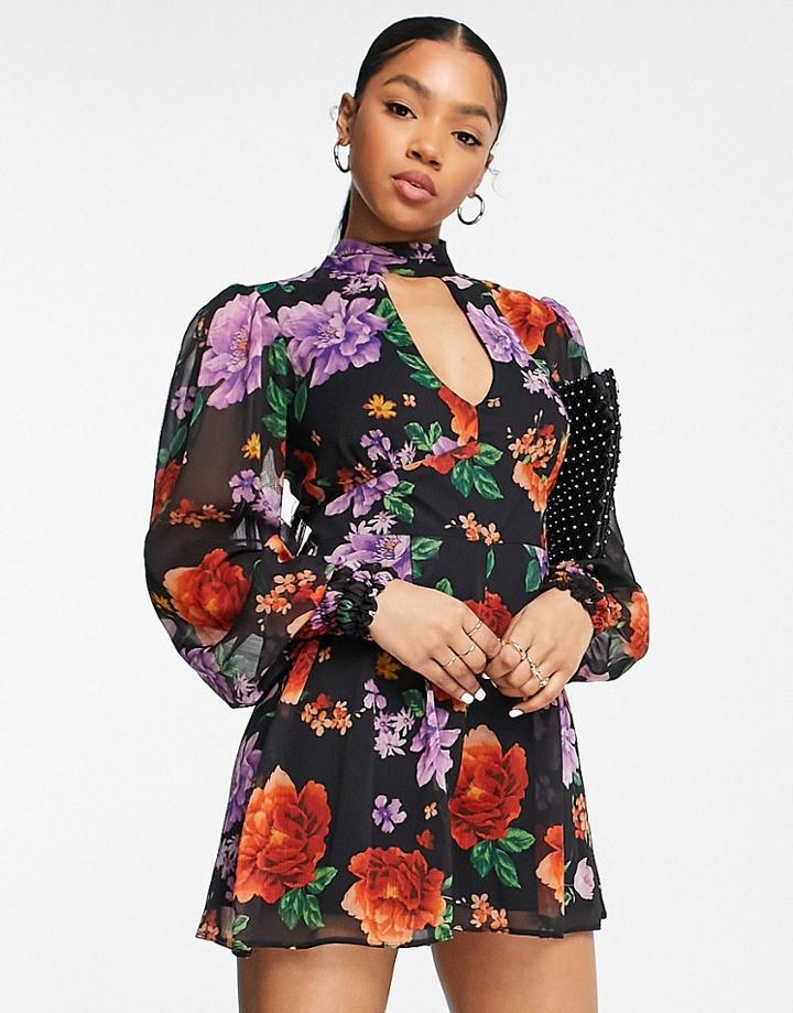Asos Design High Neck Chiffon Flippy Romper In Rose Print-multi