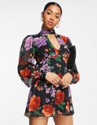 Asos Design High Neck Chiffon Flippy Romper In Rose Print-multi