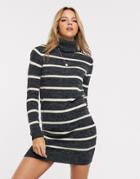 Brave Soul Roll Neck Contrast Stripe Sweater Dress In Charcoal-gray