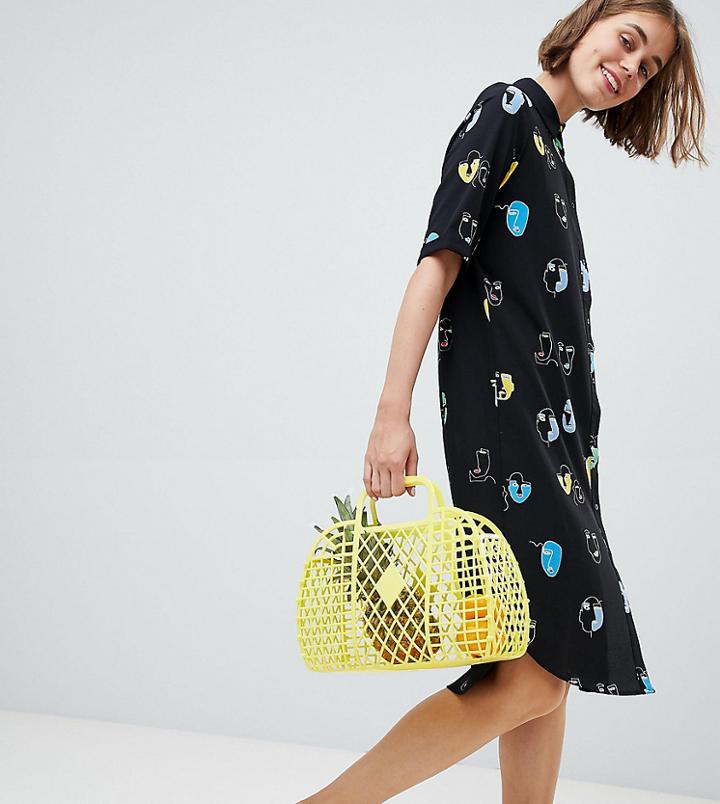 Monki Face Print Midi Shirt Dress In Black - Black