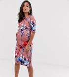 Little Mistress Maternity All Over Floral Printed Layered Bardot Pencil Dress In Multi - Multi