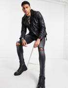 Topman Leather Biker Jacket In Black