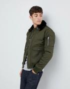 Schott Air Bomber Jacket With Detachable Faux Fur Collar In Green/brown - Green