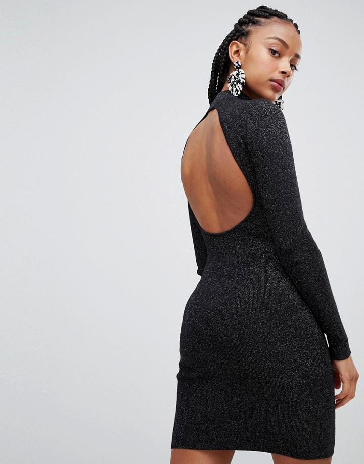 Bershka Lurex Detail Open Back High Neck Dress - Black
