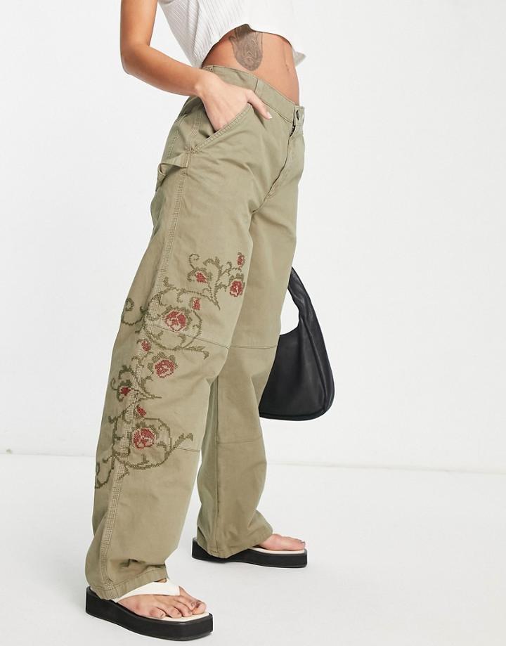 Asos Design Embroidered Slouchy Cargo Pants In Khaki-green