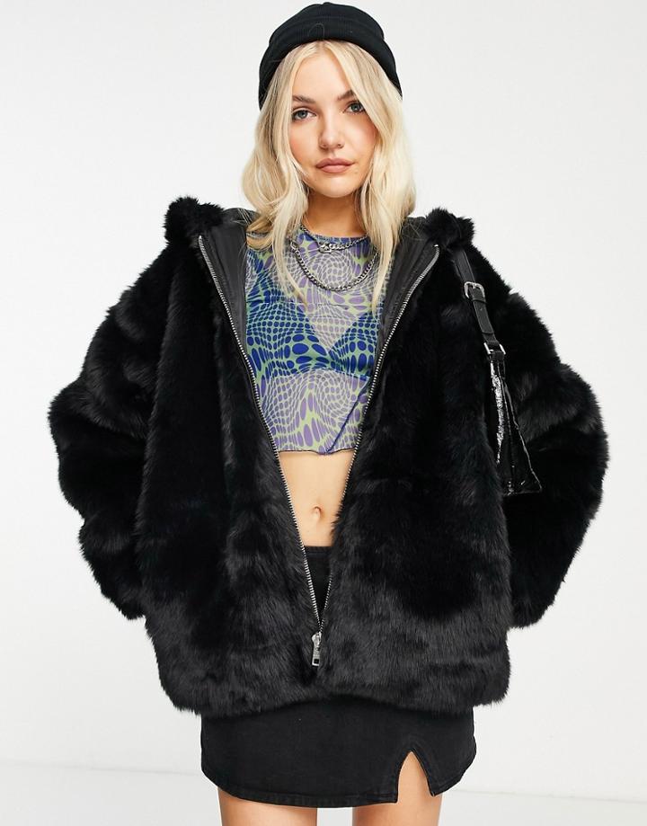 Weekday Solo Organic Cotton Faux Fur Jacket With Hood In Black
