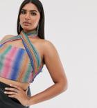 Club L London Plus Glitter Stripe Wrap Detail Crop Top In Multi