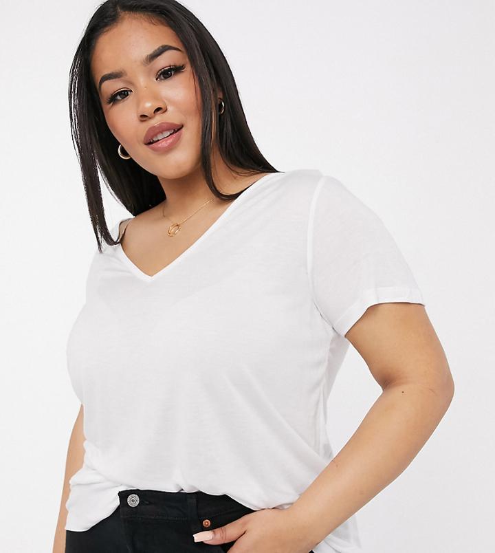 Asos Design Curve Relaxed V Neck T-shirt In White