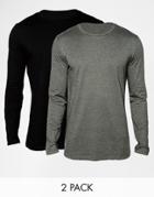 Asos Longline Long Sleeve T-shirt With Crew Neck In Skater Fit 2 Pack - Multi