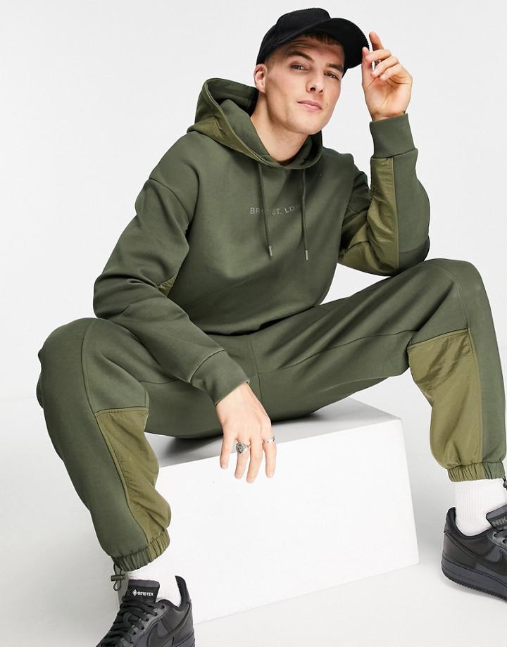 Topman Set Color Block Hoodie In Khaki-green