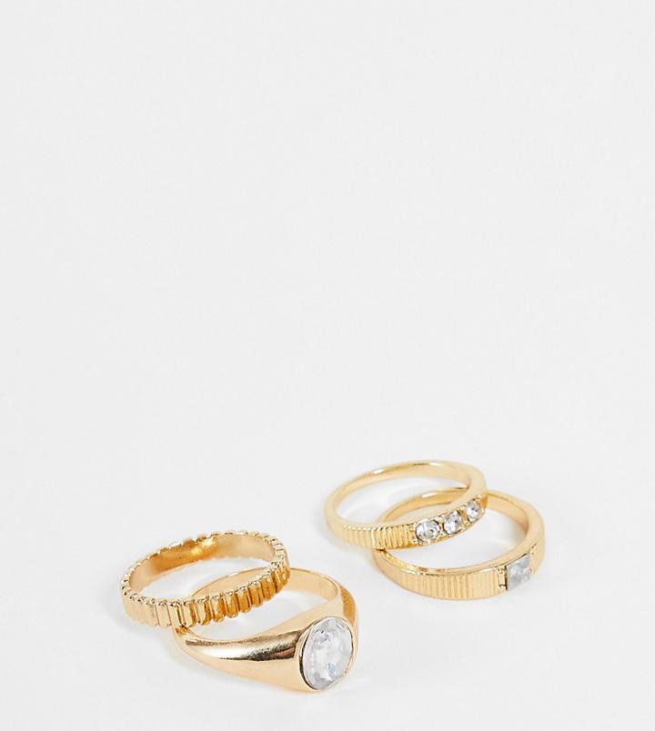 Asos Design Curve Pack Of 4 Rings In Engraved And Crystal Designs In Gold Tone