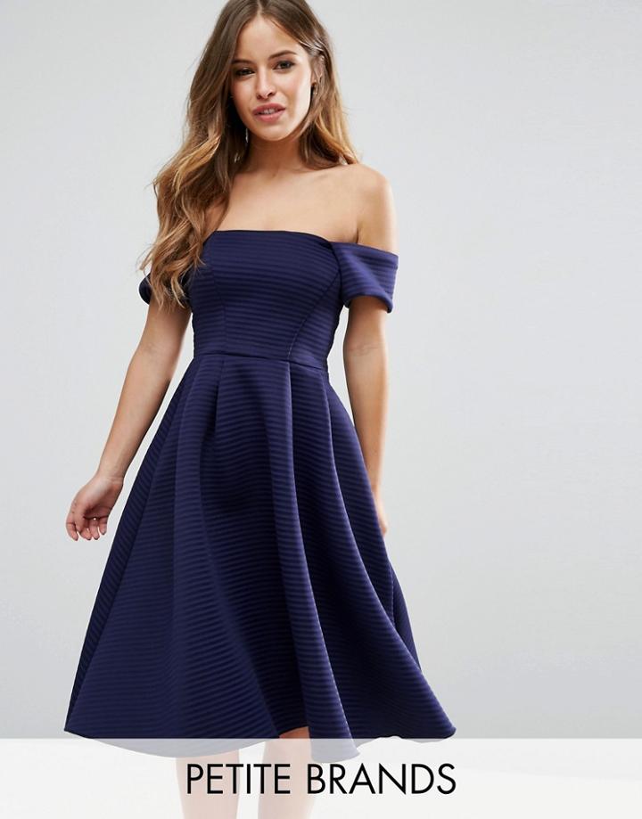 City Goddess Petite Bardot Skater Dress In Textured Fabric - Navy