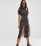 Rokoko Midi Length Bodycon Dress In Dragon Print With Thigh Split - Black