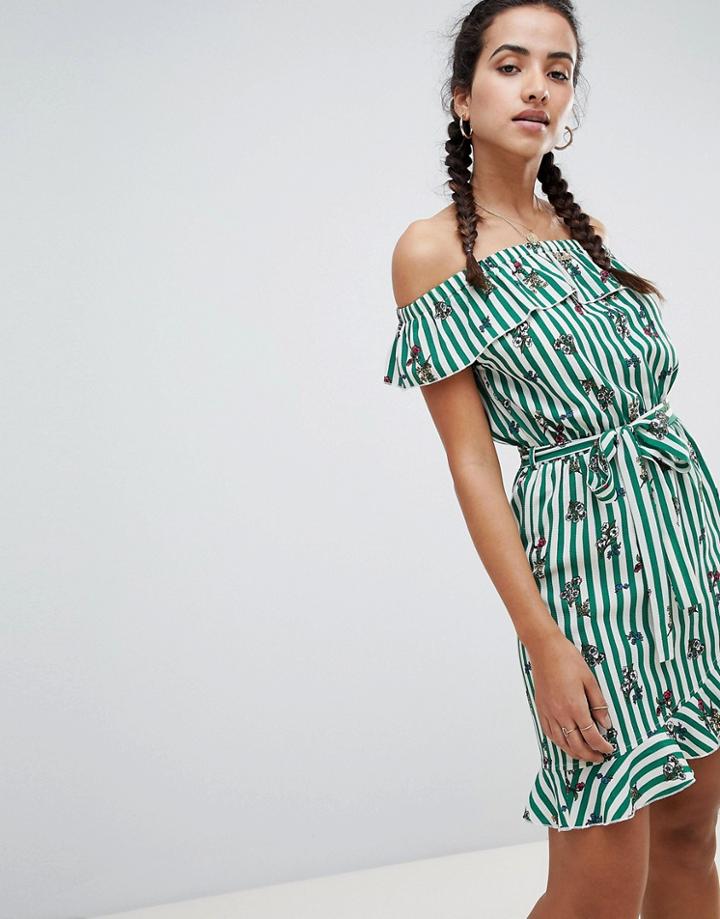 Prettylittlething Stripe And Floral Bardot Dress - Green