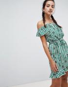 Prettylittlething Stripe And Floral Bardot Dress - Green