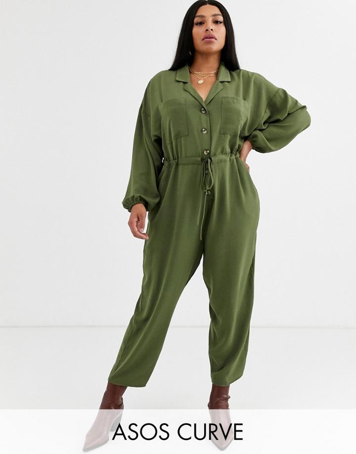 Asos Design Curve Slouchy Button Front Utility Jumpsuit-green