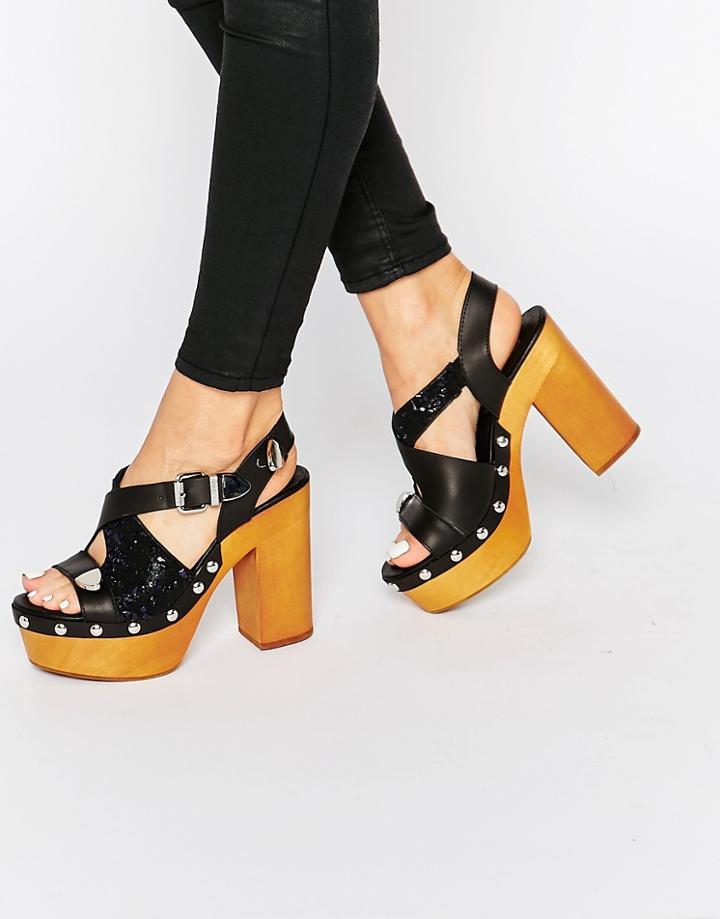 Eeight Sienna Black Embellished Wooden Heel Sandals - Black