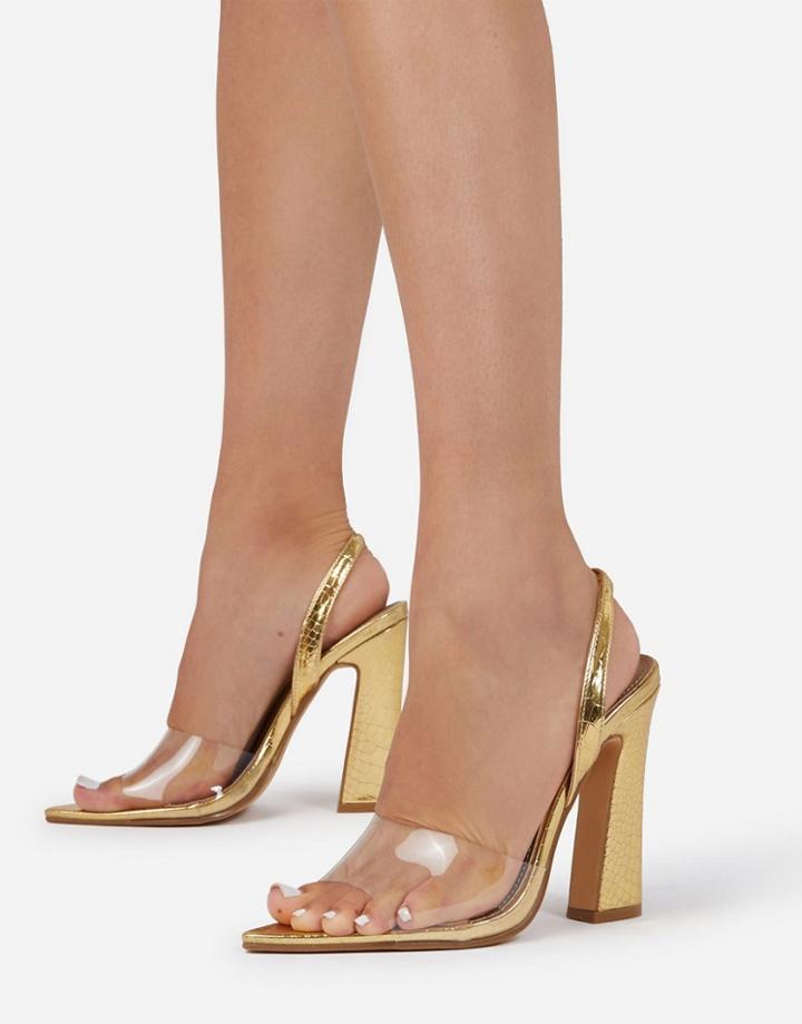 Ego Beatrix Block Heeled Sandals With Pointed Toe In Gold Croc