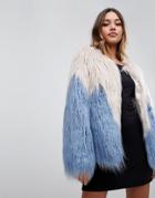 Boohoo Two Tone Mongolian Faux Fur Coat In Multi - Blue