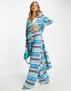 River Island Zig Zag Knit Wide Leg Beach Pants In Blue - Part Of A Set
