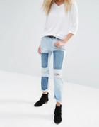 Noisy May Patchwork Destroyed Straight Ankle Grazer Jeans - Light Blue Denim