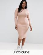 Asos Curve Midi Bodycon Dress In Chunky Rib With Long Sleeves - Pink