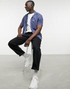 Le Breve Short Sleeve Camp Collar Shirt In Navy Stripe-blues
