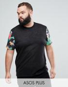 Asos Plus T-shirt In Linen Look With Contrast Floral Sleeves - Black