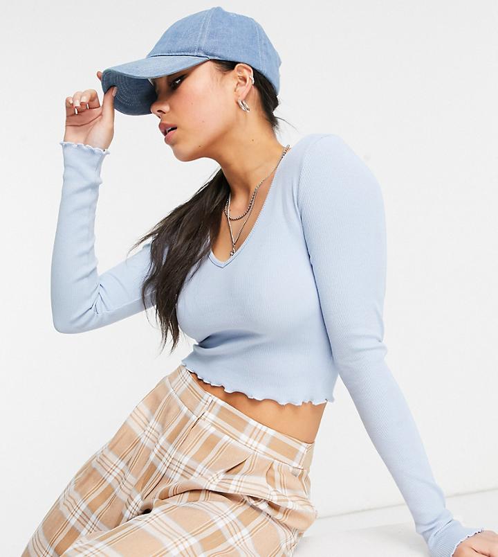 Collusion Long Sleeve Lettuce Edge Crop Top In Pale Blue-blues
