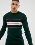 New Look Muscle Fit Sweater With Chest Stripe In Green - Green