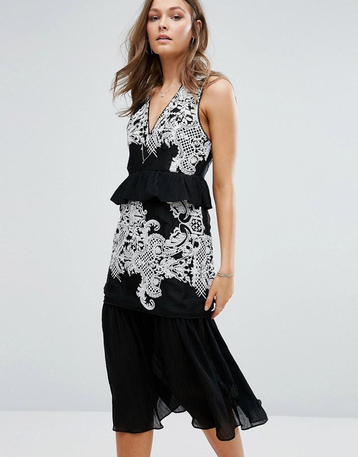 Foxiedox Embroidered Tiered Ruffle Midi Dress - Black