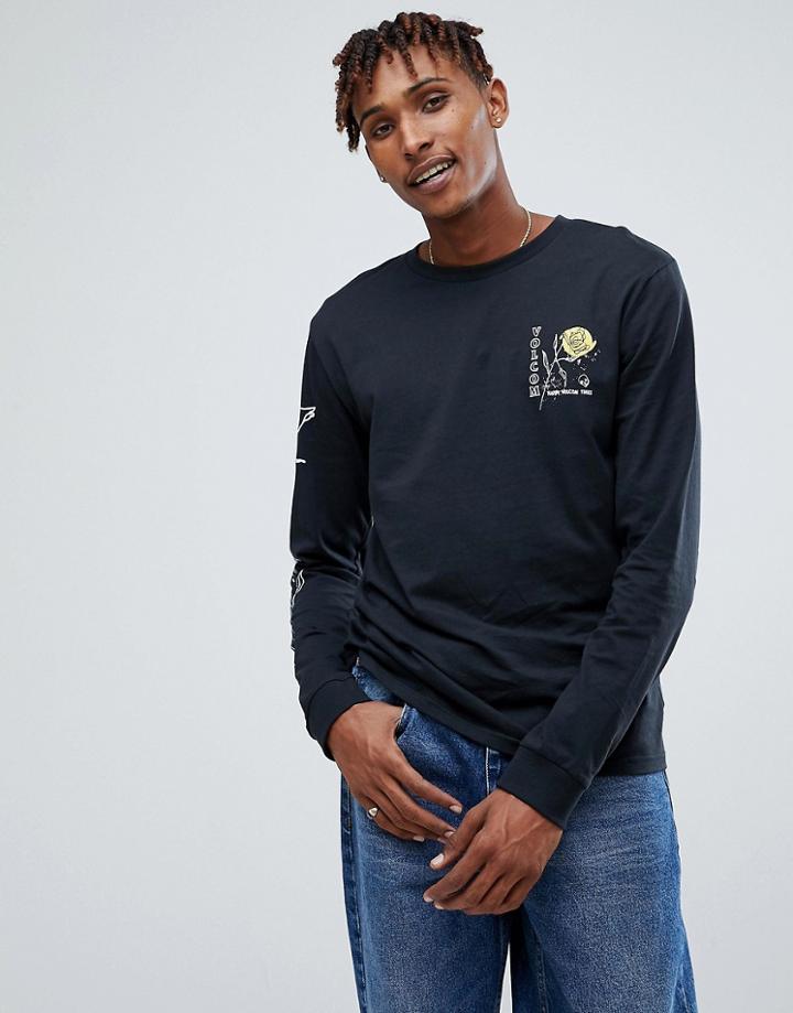 Volcom Long Sleeve T-shirt With Rose Print - Black