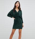 Asos Petite Batwing V-neck Plisse Mini Dress - Green