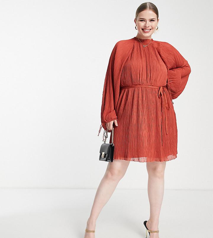 Asos Design High Neck Plisse Mini Dress With Blouson Sleeve And Tie Detail-orange
